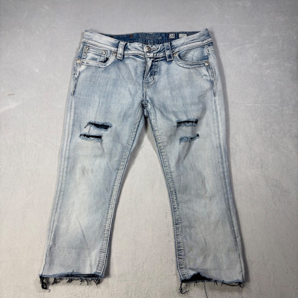 Miss Me Signature Boot Distressed Embellished Jeans women's Light Wash 28